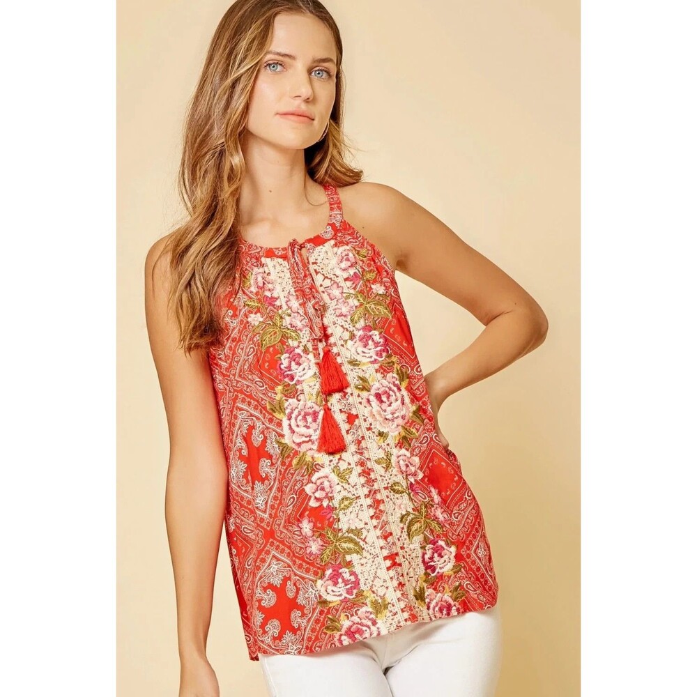 Savanna Jane NWT floral embroidered A-line tank top Size 2X tassel cottagecore‎